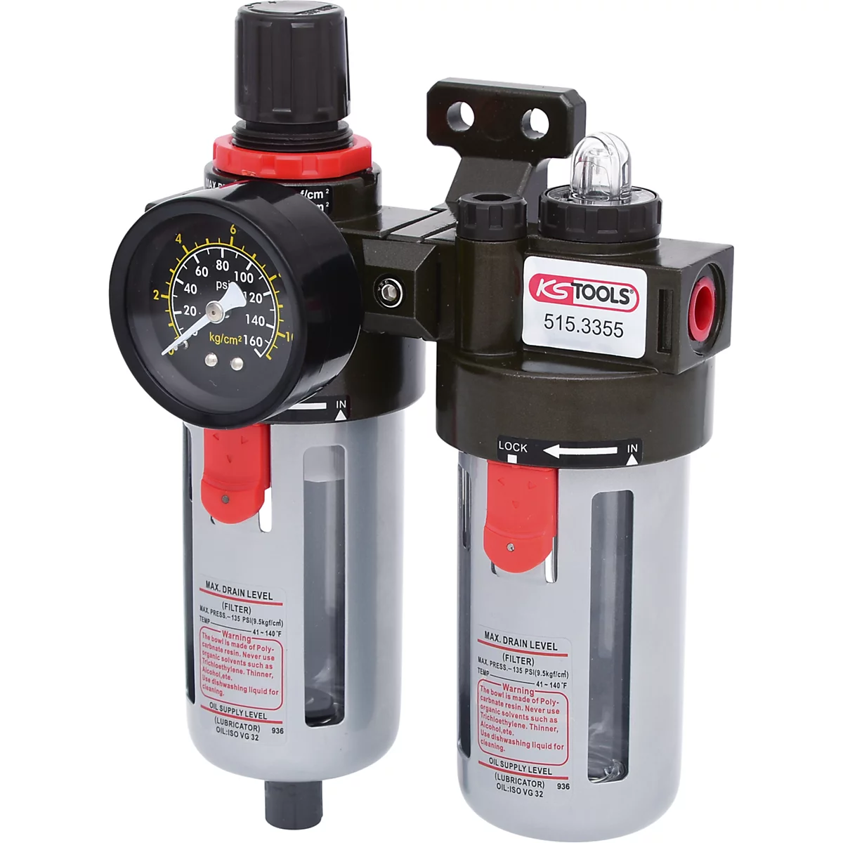 Druckluftfilter mit Manometer und rotem Entwässerungsventil, von KS Tools.